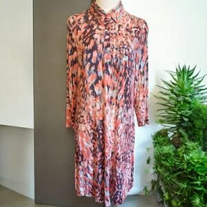 CAbi Womens Dress L Multicolor Watercolor Collared Buttoned Neckline Tunic Midi